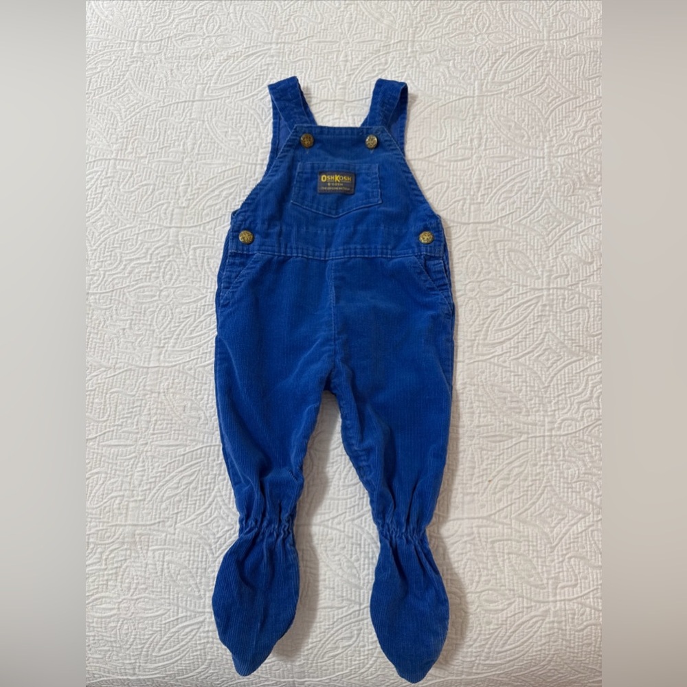 Vintage 80s Osh Kosh b’Gosh Blue Vestbak Corduroy Snap Footed Overalls 6/9 M USA